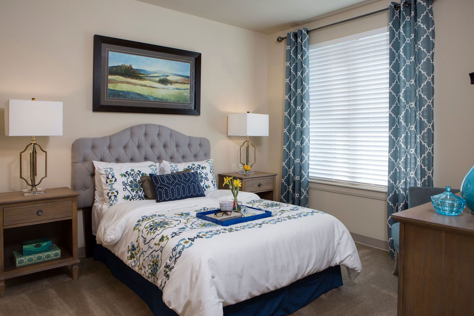 blue theme senior living bedroom The Delaney at Parkway Lakes retirement community