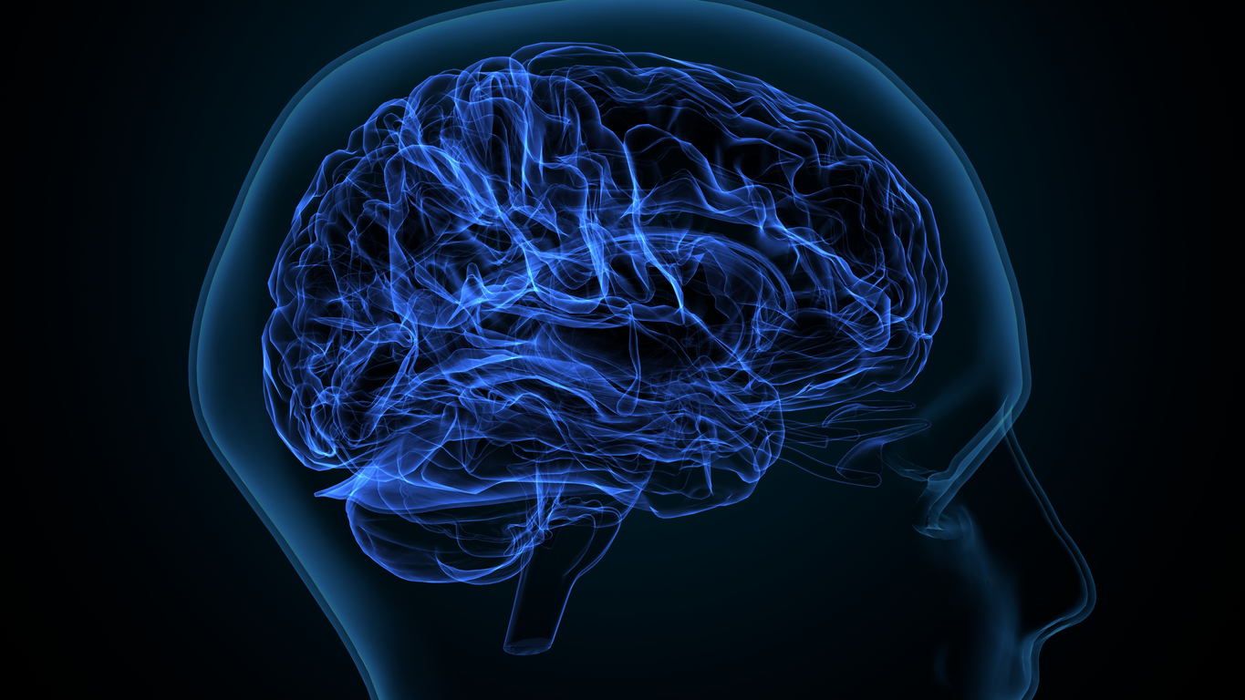 Digital illustration of a human brain with blue neural pathways on a dark background.