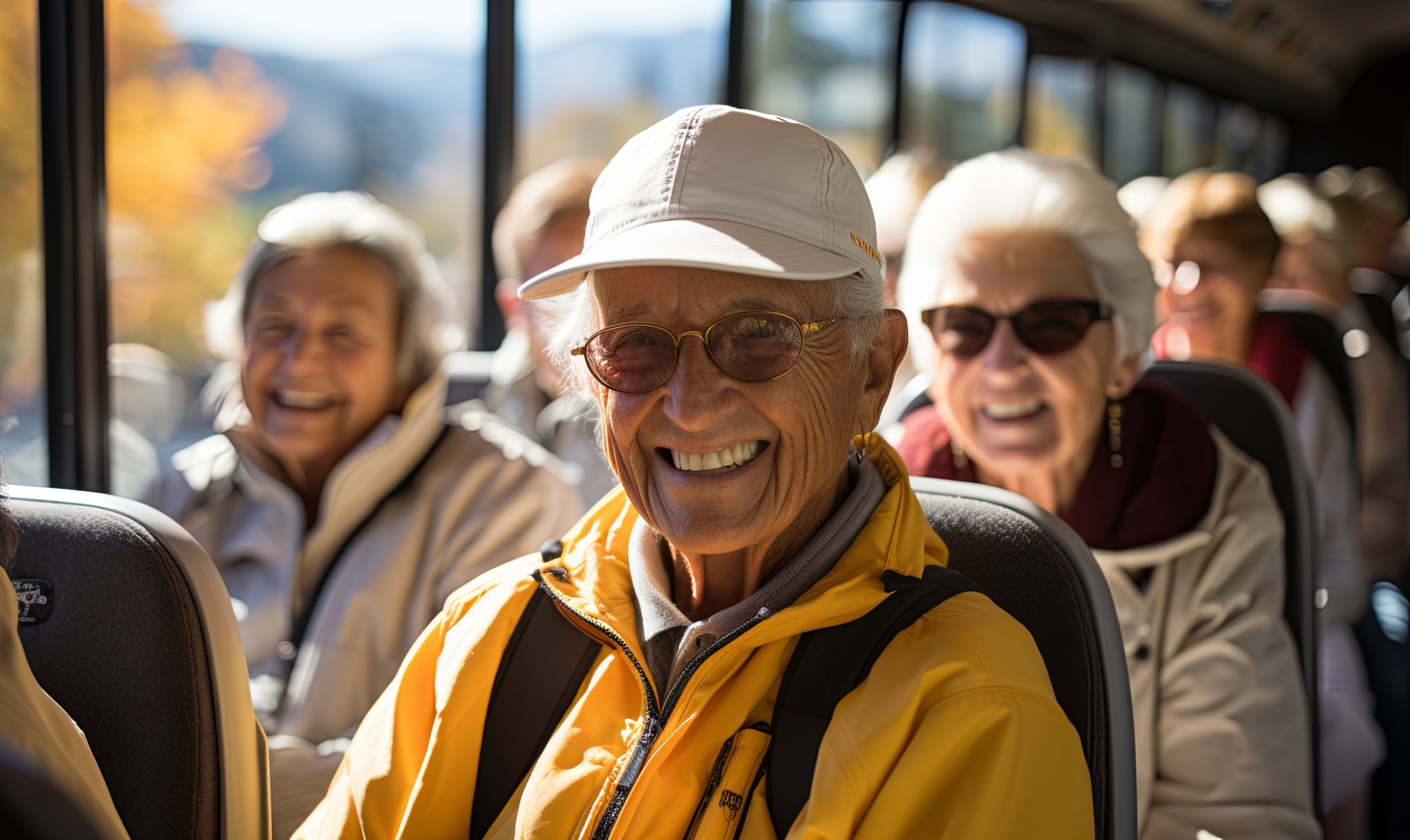 Smiling elderly individuals enjoying a bus outing on a sunny day.