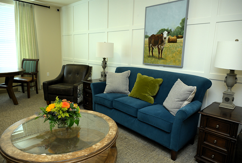 Cozy living area with blue sofa, art, and floral centerpiece in a senior unit.